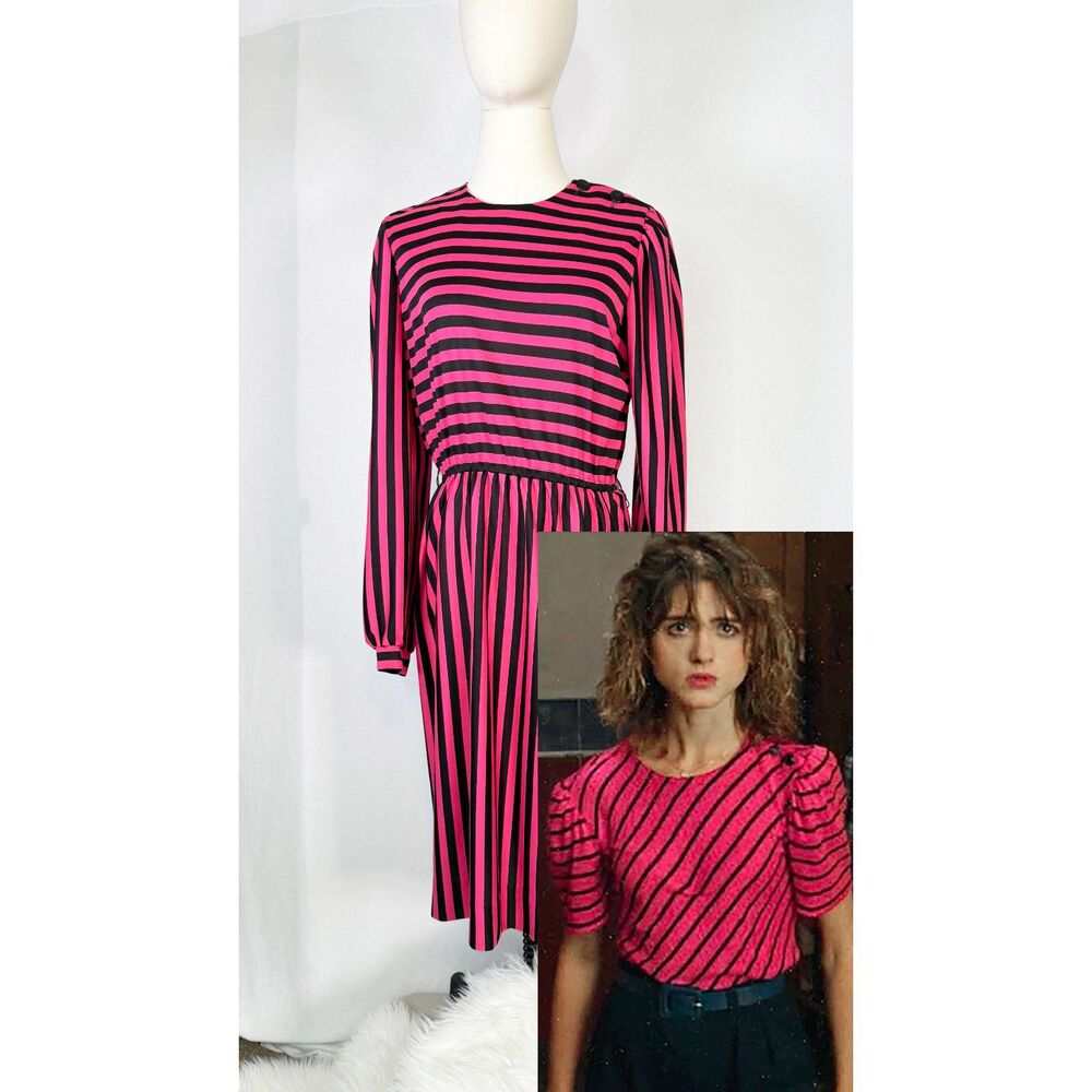 Vintage | 1980s Periwinkle Dress | Nancy Wheeler | Side Buttons Striped | Sz S/M